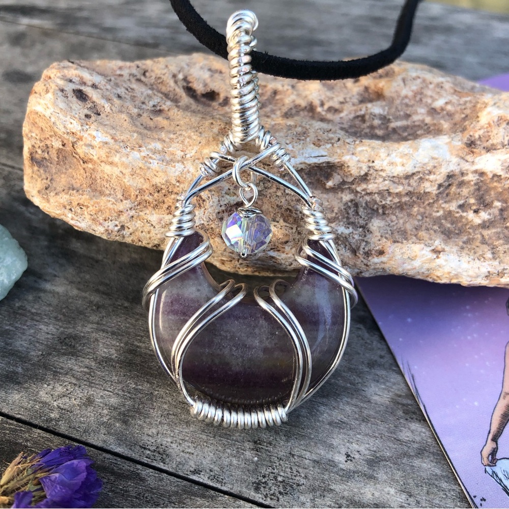 Wire Wrapped Purple Fluorite Crescent Moon Crystal Pendant Necklace